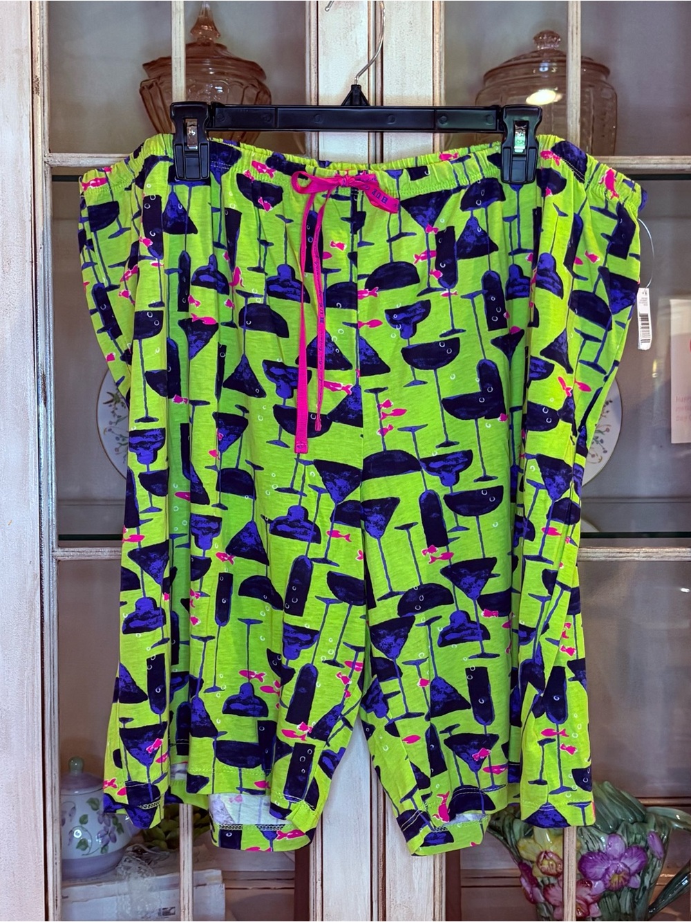 NWT HUE Green & Blue Lounge Pajama Shorts with Cocktail Print  & Pink Drawstring